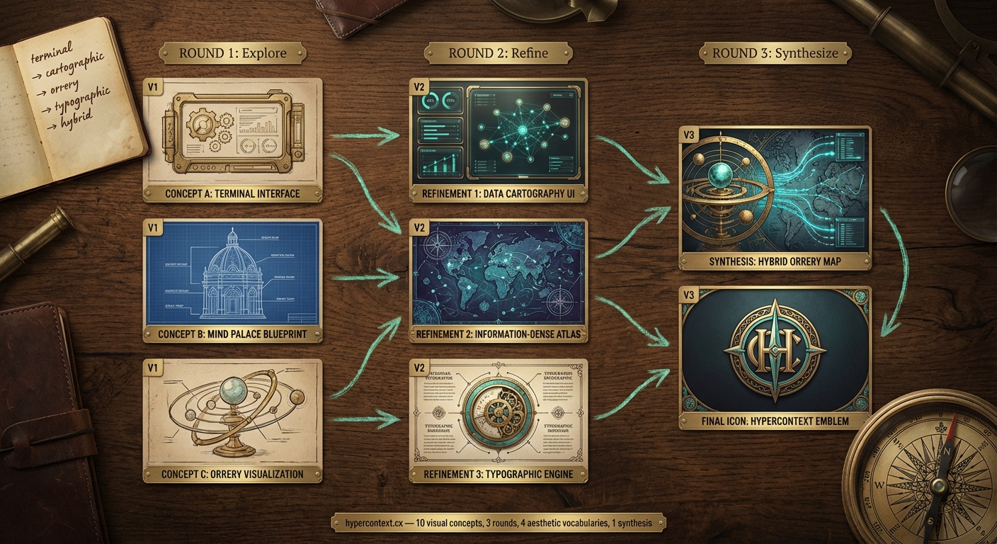 The making of hypercontext — workspace table showing concept evolution across three rounds